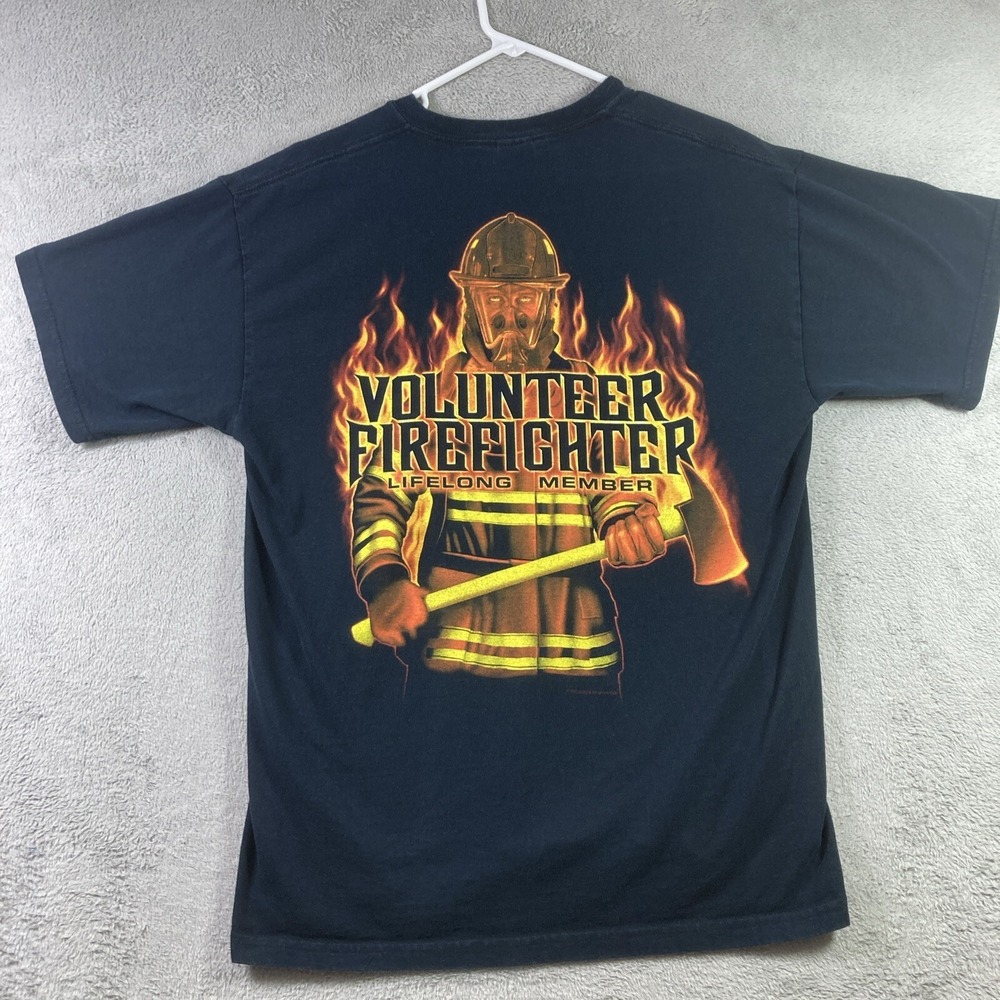 Volunteer Firefighter Shirt Adult Large Black Graphic Tee Flames Axe SS Casual